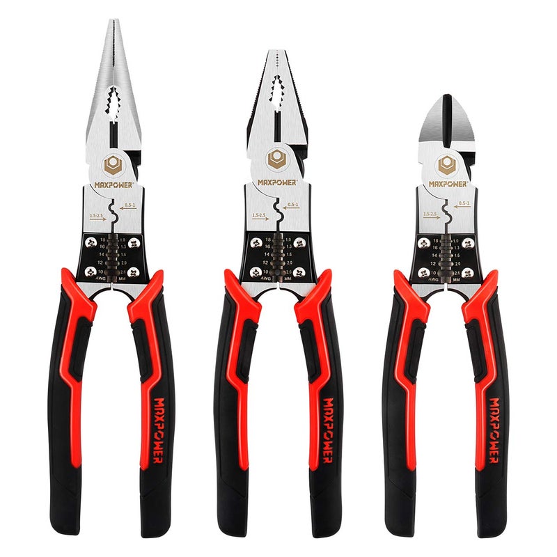 MAXPOWER 3-in-1 Multifunctional Pliers Set, Wire Stripper, Crimper, Cutter, Long Nose Pliers, Diagonal Side Cutters, Linesman Plier - 8 inch - Image 1